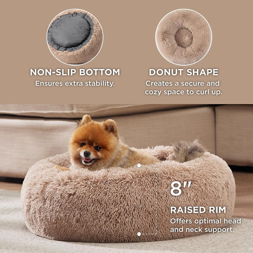 Bedsure Calming Bed for Small Dogs - Donut Washable Pet Bed, 23 inches Anti Anxiety Round Fluffy Plush Faux Fur Large, Fits up to 25 lbs Pets, Camel