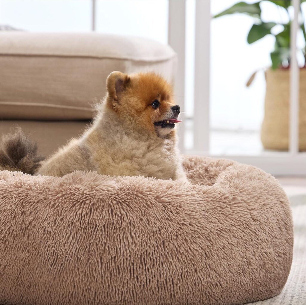 Bedsure Calming Bed for Small Dogs - Donut Washable Pet Bed, 23 inches Anti Anxiety Round Fluffy Plush Faux Fur Large, Fits up to 25 lbs Pets, Camel