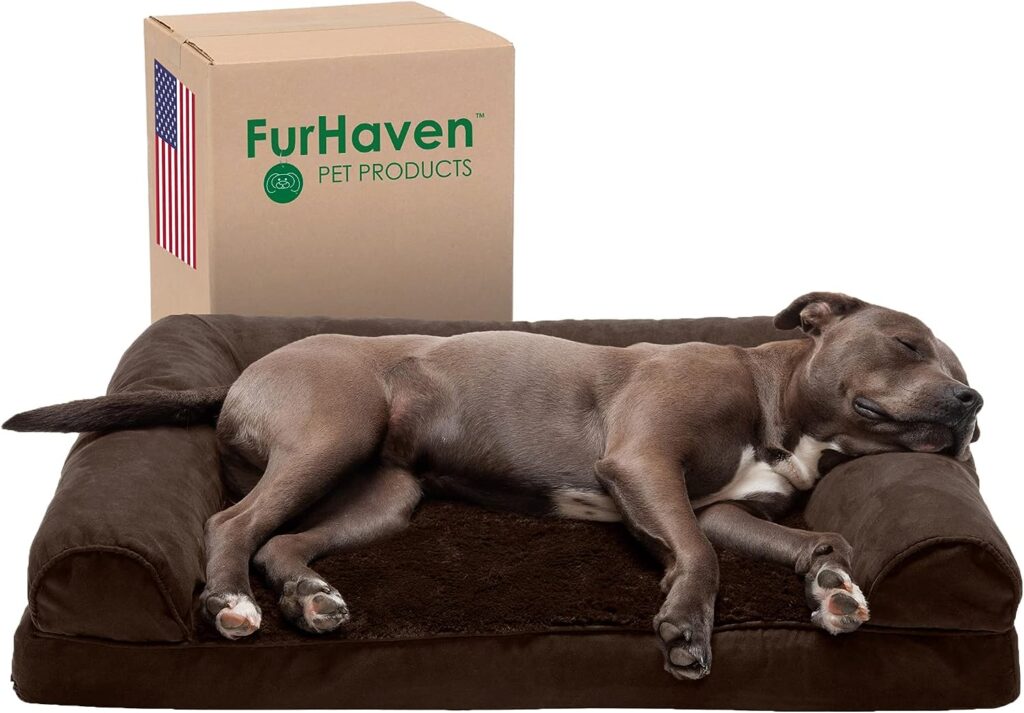 Furhaven Orthopedic Dog Bed for Large/Medium Dogs w/ Removable Bolsters  Washable Cover, For Dogs Up to 55 lbs - Plush  Suede Sofa - Espresso, Large