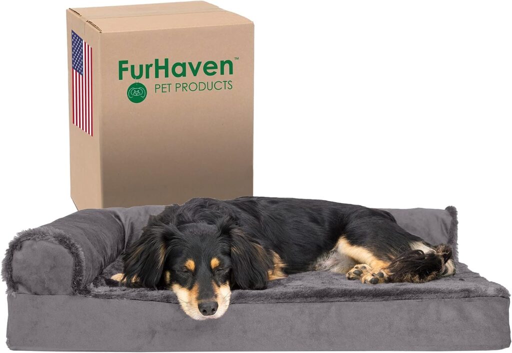 Furhaven Orthopedic Dog Bed for Medium/Small Dogs w/ Removable Bolsters  Washable Cover, For Dogs Up to 35 lbs - Plush  Velvet L Shaped Chaise - Platinum Gray, Medium
