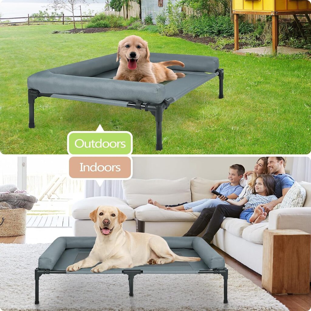 Titwest Cooling Elevated Dog Bed, Outdoor Raised Dog Cots Beds for Large Dogs, Portable Pet Bed with Washable Breathable Mesh, Removable Bolster, Blanket and No-Slip Feet, Fits up to 100lbs