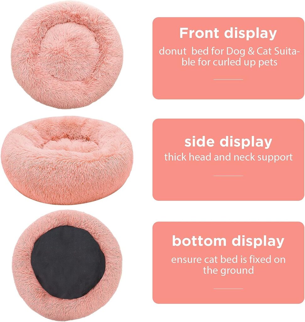 WAYIMPRESS Calming Dog Bed for Small Medium Dogs  Cats, Washable Plush Comfy Round Dog Bed with Fluffy Faux Fur for Anti Anxiety and Cozy (28x28 inch, Pink)
