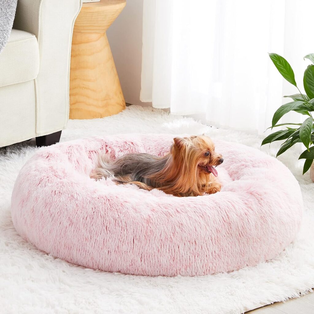 WNPETHOME Calming Dog Bed Cat Bed Donut, Faux Fur Pet Bed Self-Warming Donut Cuddler, Comfortable Round Plush Dog Beds (20 x 20 x 8 Inch, Light Pink)